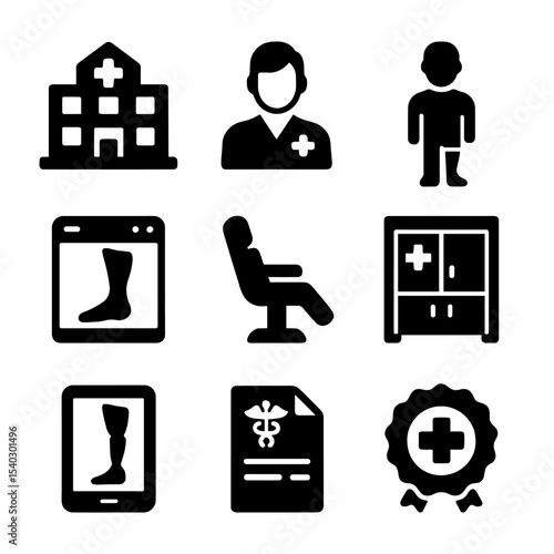 3D Prosthetics Icons. Solid, filled icons set of clinical use of 3D prosthetics: hospital icon, healthcare