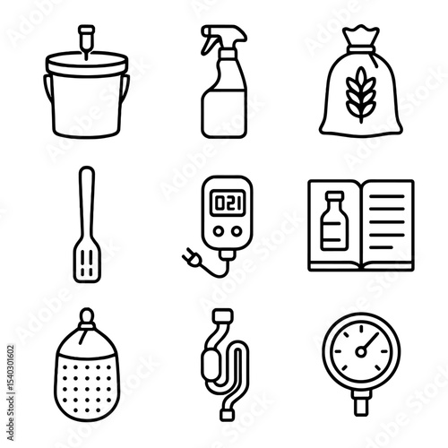 Homebrewing Kit Icons. Outline icon set of homebrewing kit: brew bucket, sanitizer spray, grain bag, stir paddle, temperature