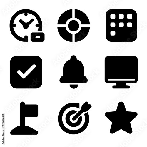 Remote Productivity Icons. Solid, filled icons set of remote productivity tracking: time tracker, focus chart,