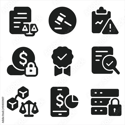 Regulatory Compliance Icons. Solid, filled icons set of regulatory compliance: legal document, regulation icon
