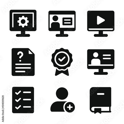 Remote Training Icons Grid. Solid, filled icons set of remote onboarding and training: training module,