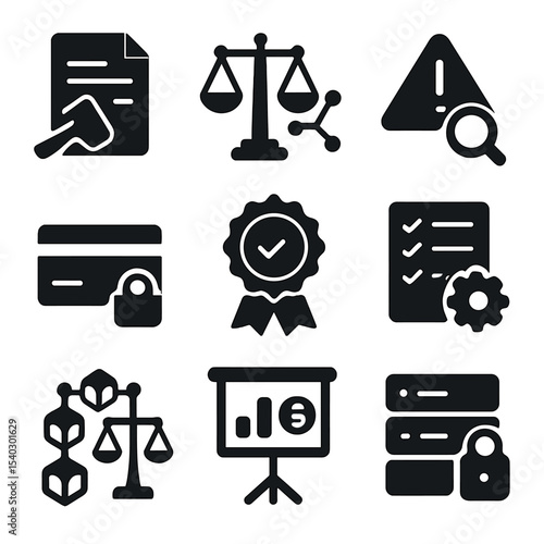 Regulatory Compliance Icons. Solid, filled icons set of regulatory compliance: legal document, regulation icon