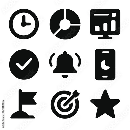 Remote Productivity Icons. Solid, filled icons set of remote productivity tracking: time tracker, focus chart,