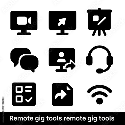 Remote Work Tools Icons. Solid, filled icons set of remote gig tools: video call, screen share, digital