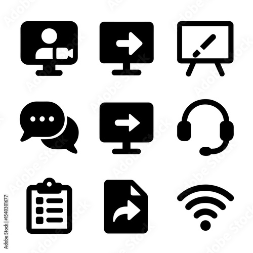 Remote Work Tools Icons. Solid, filled icons set of remote gig tools: video call, screen share, digital