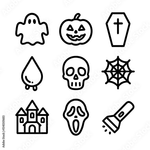 Horror Spoof Icons. Outline icon set of horror spoof clips: ghost silhouette, jack-o'-lantern, coffin, dripping blood drop, skull,