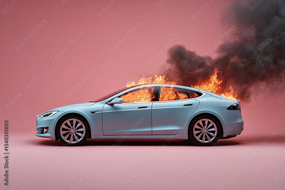 Obraz premium Electric vehicle caught in flames surrounded by vibrant pink backdrop showcasing a dramatic moment of combustion