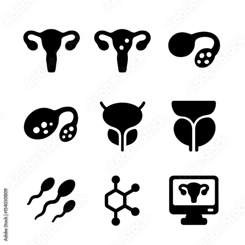 Reproductive Health Icons. Solid, filled icons set of reproductive organ health: healthy uterus, fibroid