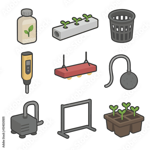 Hydroponic Icon Set. Isometric Flat icon set of hydroponic veggie systems: nutrient solution bottle, hydroponic channel, net pot,
