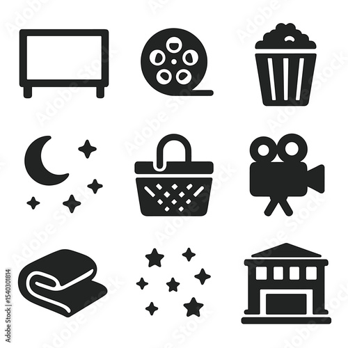 Retro Movie Night Icons. Solid, filled icons set of retro movie nights outdoors: big screen, retro film reel,