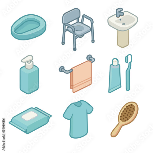 Hygiene Icon Set. Isometric Flat icon set of hygiene and personal care: bedpan, commode chair, wash basin, soap dispenser, towel