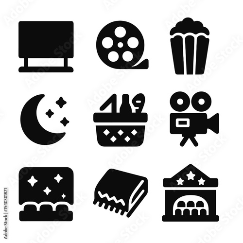 Retro Movie Night Icons. Solid, filled icons set of retro movie nights outdoors: big screen, retro film reel,