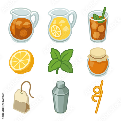 Iced Tea Icon Set. Isometric Flat icon set of iced tea and lemonade‐based cocktails: iced tea pitcher, lemonade jug, iced glass,