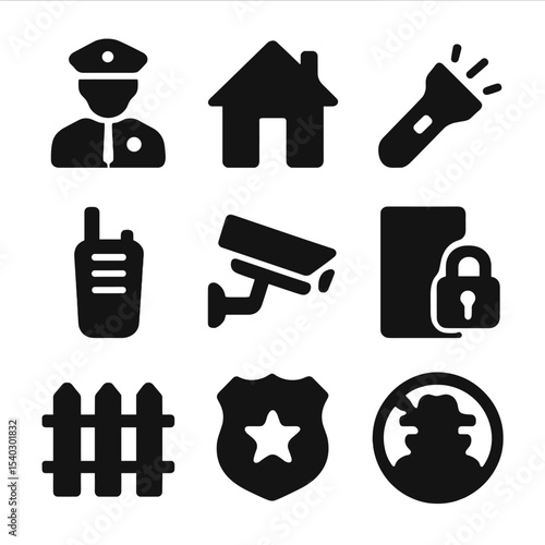 Residential Security Icons. Solid, filled icons set of residential security checks: guard icon, home icon,