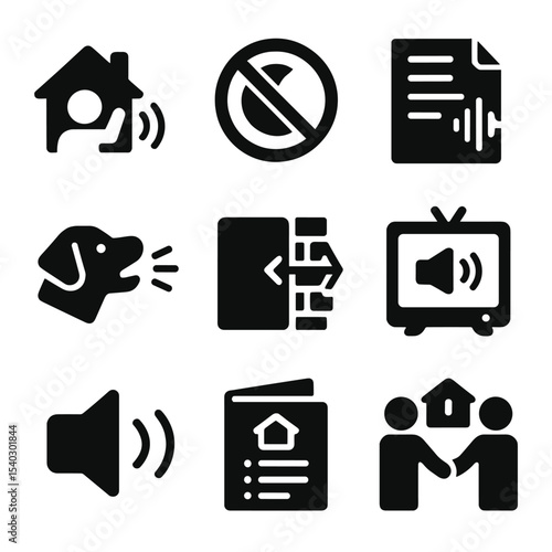 Residential Noise Icons. Solid, filled icons set of residential noise management: neighbor alert icon, quiet