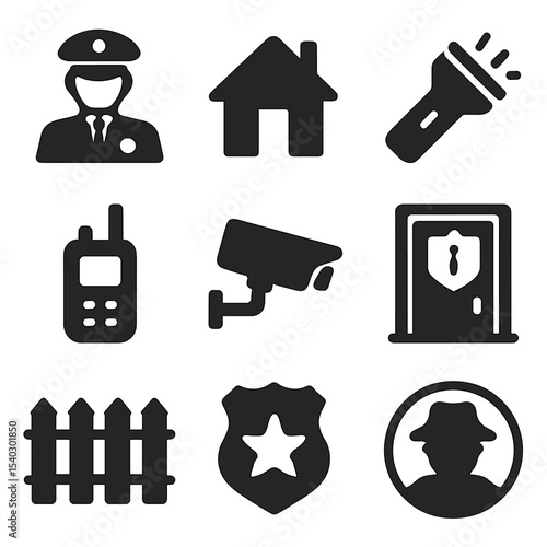 Residential Security Icons. Solid, filled icons set of residential security checks: guard icon, home icon,