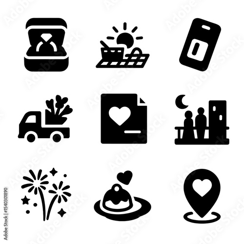 Romantic Surprise Icons. Solid, filled icons set of romantic surprises on the road: hidden ring box, sunrise