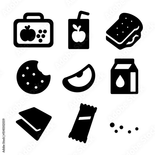 School Snack Icons. Solid, filled icons set of snack time moments at school: lunchbox, juice box, sandwich