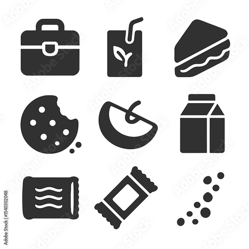 School Snack Icons. Solid, filled icons set of snack time moments at school: lunchbox, juice box, sandwich