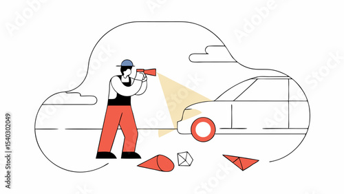 Man Inspecting Car with Flashlight