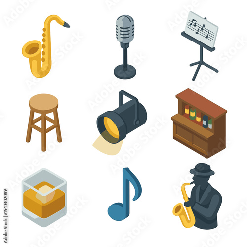 Jazz Icon Set. Isometric Flat icon set of jazz saxophonist performance: tenor saxophone, vintage microphone, sheet music stand,
