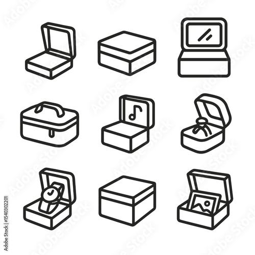 Jewelry Box Icons. Outline icon set of jewelry box styles: hinged box, lidded box, vanity box, travel case, music box, ring box,