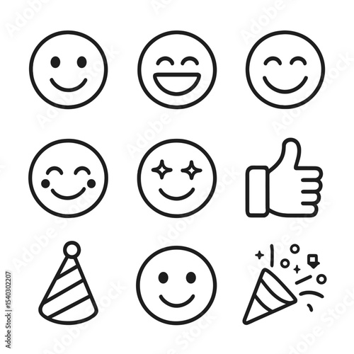 Joyful Emoji Icons. Outline icon set of joyful expressions: smiling face, laughing emoji, open mouth grin, closed eyes joy, rosy