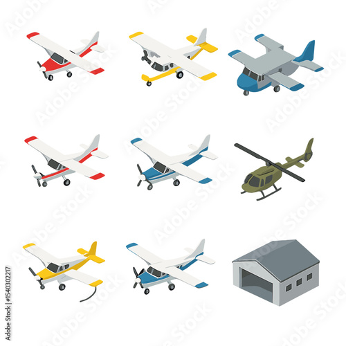 Jump Aircraft Icon Set. Isometric Flat icon set of jump aircraft types: Cessna 182, Twin Otter, Skyvan, Pilatus Porter, Caravan,