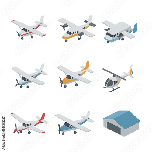 Jump Aircraft Icon Set. Isometric Flat icon set of jump aircraft types: Cessna 182, Twin Otter, Skyvan, Pilatus Porter, Caravan,