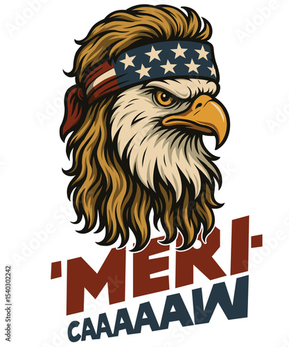 Cartoon eagle with mullet and american flag headband isolated on transparent