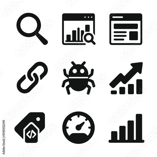 SEO Tools Icons. Solid, filled icons set of SEO and search performance tools: search magnifier, keyword graph,