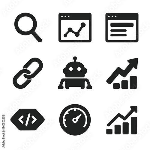 SEO Tools Icons. Solid, filled icons set of SEO and search performance tools: search magnifier, keyword graph,