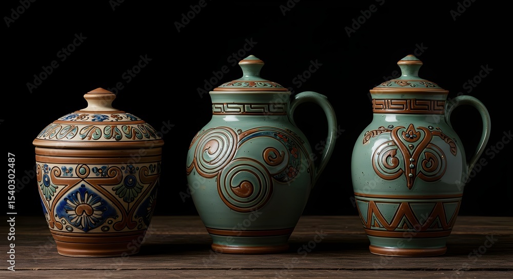 Pottery, Ceramic, Hand-painted, Hand-painted Ceramic Pottery Set on Wooden Table Pottery, Ceramic, Hand-painted, Hand-painted Ceramic Pottery Set on Wooden Table