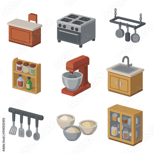 Isometric Kitchen Icons. Isometric Flat icon set of cooking show kitchen layout: chef’s counter, stove burners, overhead rack,