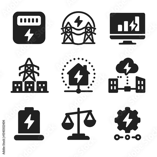 Smart Grid Icons. Solid, filled icons set of smart grid technology: smart meter, power grid, demand response,