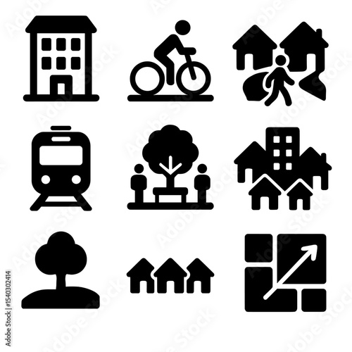 Smart Growth Icons Grid. Solid, filled icons set of smart growth alternatives: mixed-use building, bike lane,