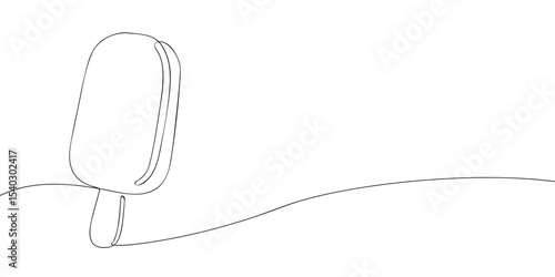 Minimalist one-line drawing of an ice cream bar on a stick, simple black and white vector style for summer concepts.