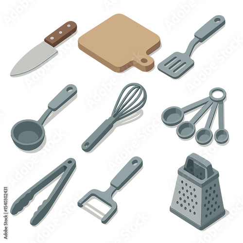Isometric Kitchen Utensils Icons. Isometric Flat icon set of kitchen utensils: chef’s knife, cutting board, spatula, ladle, whisk,