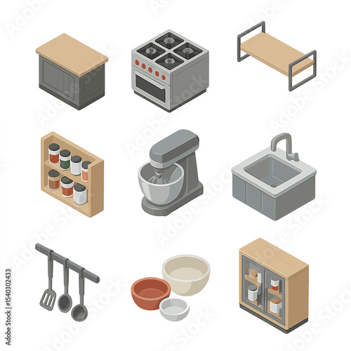 Isometric Kitchen Icons. Isometric Flat icon set of cooking show kitchen layout: chef’s counter, stove burners, overhead rack,