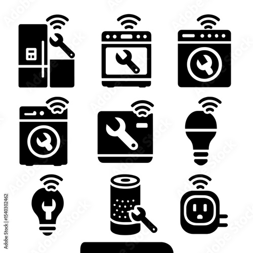 Smart Home Repair Icons. Solid, filled icons set of smart home appliance repair: smart refrigerator, smart