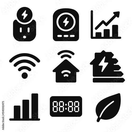 Smart Home Energy Icons. Solid, filled icons set of home energy monitoring: smart plug, energy meter, data