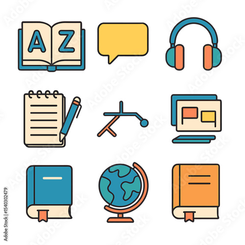 Language Learning Icons. Isometric Flat icon set of Language learning textbook: open book with alphabet, speech bubble, headphones