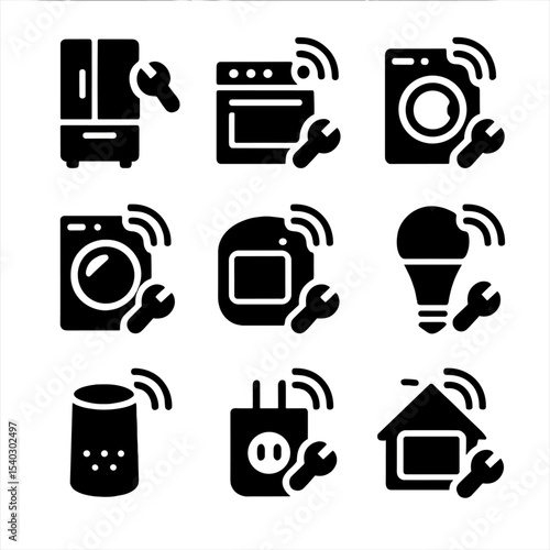 Smart Home Repair Icons. Solid, filled icons set of smart home appliance repair: smart refrigerator, smart