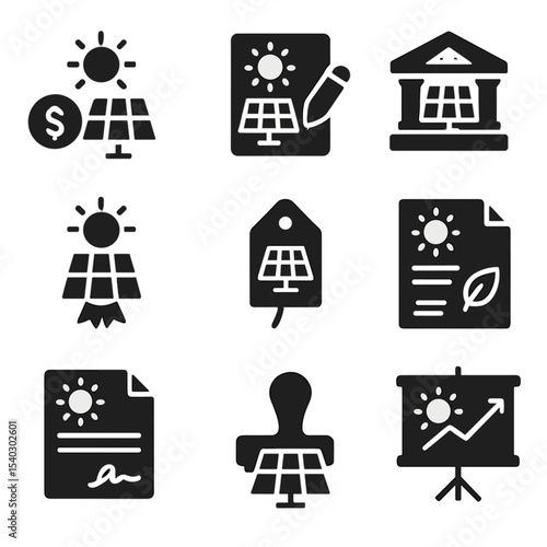 Solar Policy Icons Grid. Solid, filled icons set of solar policy and incentives: tax credit, subsidy form,