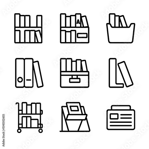 Library System Icons. Outline icon set of shelving and organization systems: Dewey Decimal, alphabetical order, genre bins, stack
