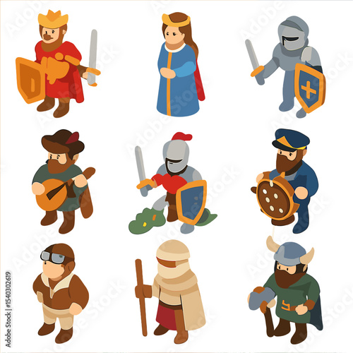 Legendary Heroes Icons. Isometric Flat icon set of legendary heroes: warrior king, wise queen, fearless knight, wandering bard,