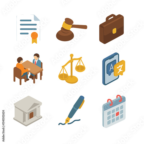 Legal Assistance Icons. Isometric Flat icon set of legal assistance for newcomers: legal document, gavel, lawyer briefcase,