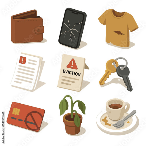Life Disruptions Icons. Isometric Flat icon set of personal life disrupted: empty wallet, broken phone, torn clothing, unpaid