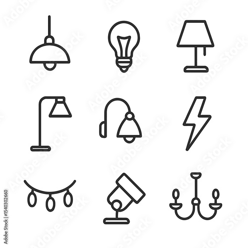 Lighting Fixture Icons. Outline icon set of lighting fixtures: hanging pendant, filament bulb, table lamp, floor lamp, sconce,