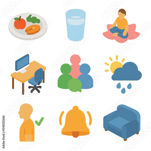 Lifestyle Factors Icons. Isometric Flat icon set of lifestyle factors affecting pain: food plate log, water glass icon, stress